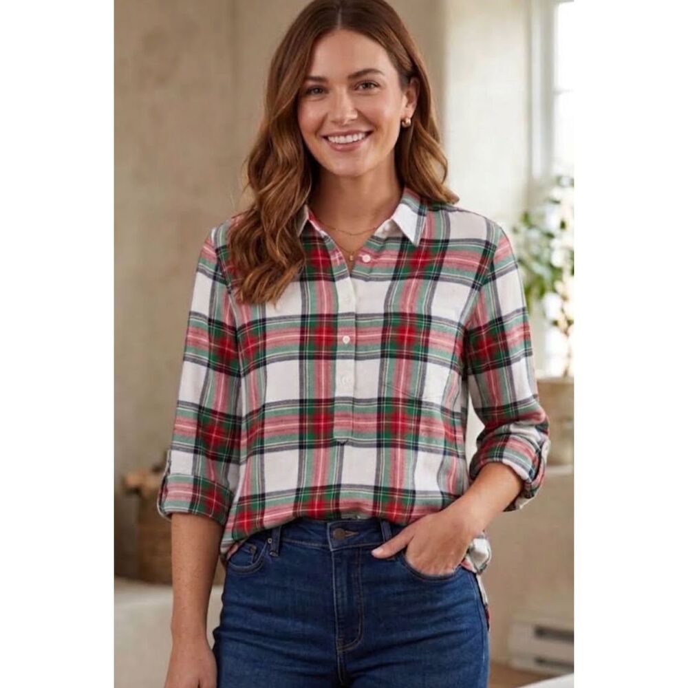 New Crown & Ivy Plaid Popover Roll Sleeve Essential Holiday Shirt Womens Size XS